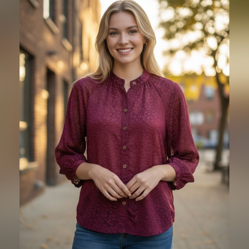 By Anthropologie Susanna Burnout Velvet 3/4 Sleeve Button-Down Blouse Size: XS